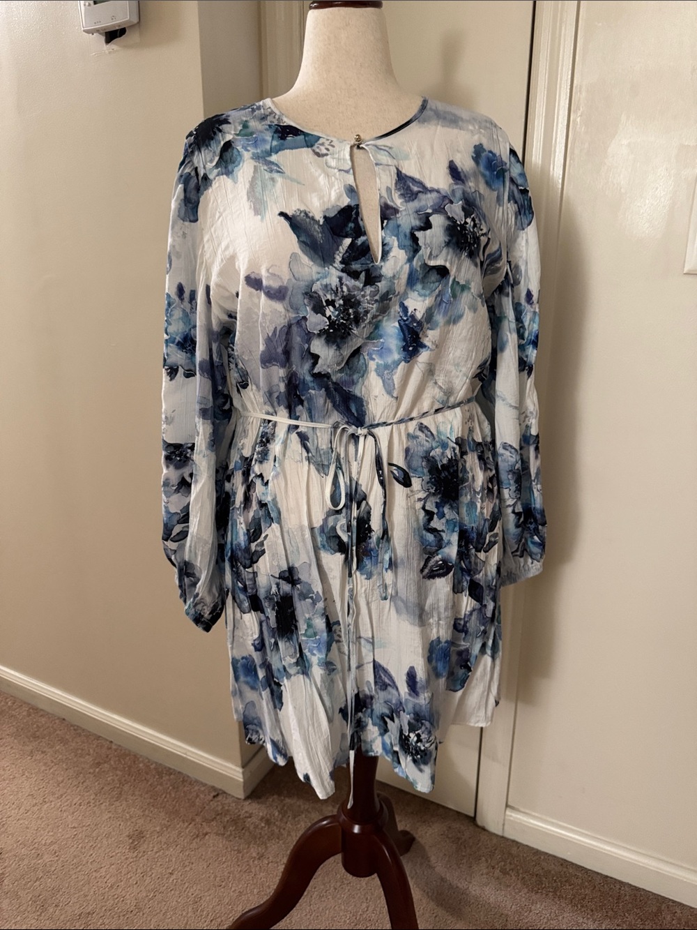 H&M White Floral Dress with Blue and Navy Print